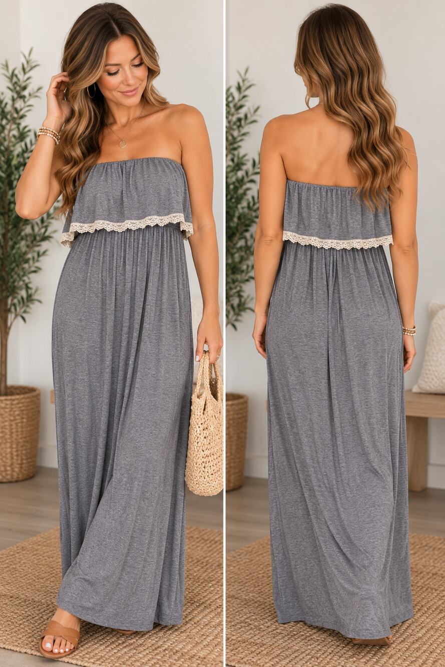 Nymphe Los Angeles Gray Strapless Maxi Dress Lace Trim Boho Small
